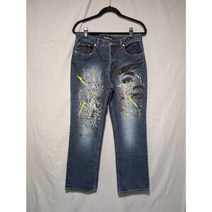 Express Junior's Dark Wash Jeans Artist Paint Splatter Graffiti Size 11/12